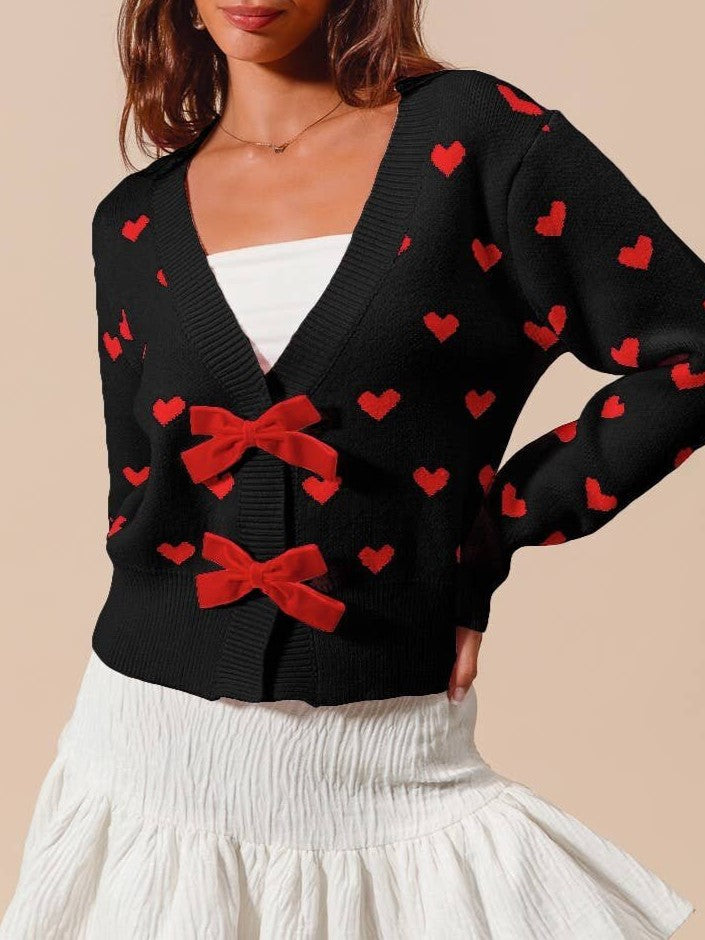 Heart Jacquard Ribbon Bow Knit Cardigan - black