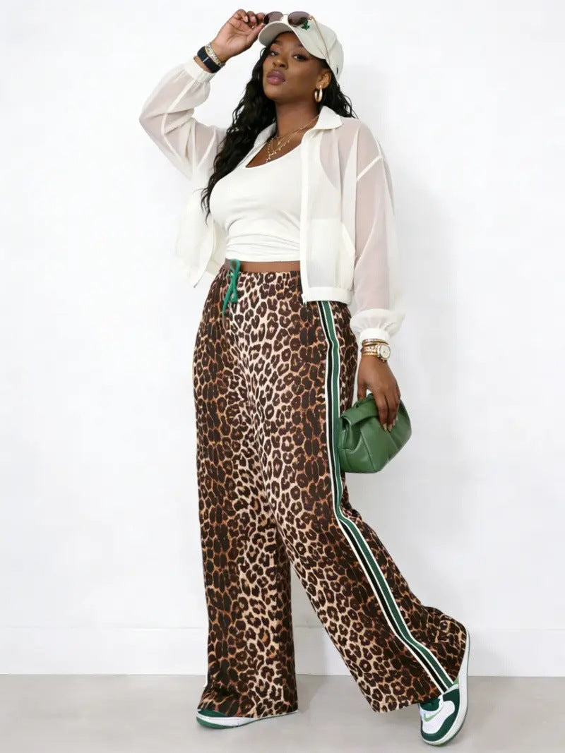 Side Stripe Wide Leg Drawstring Trousers - GLeopard