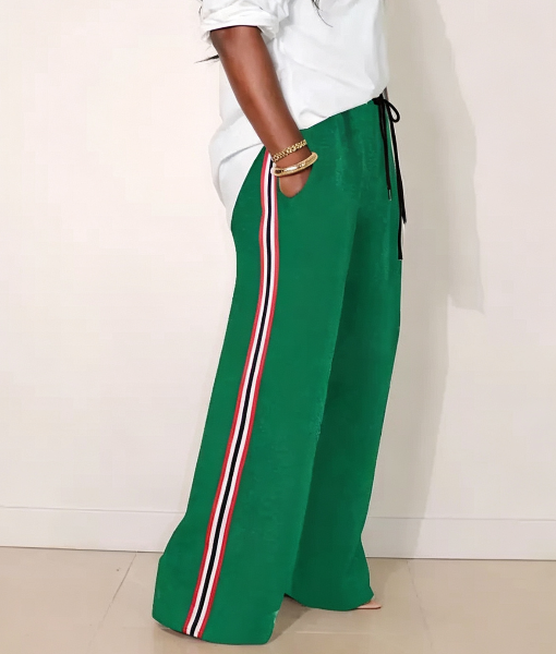 Side Stripe Wide Leg Drawstring Trousers - Green