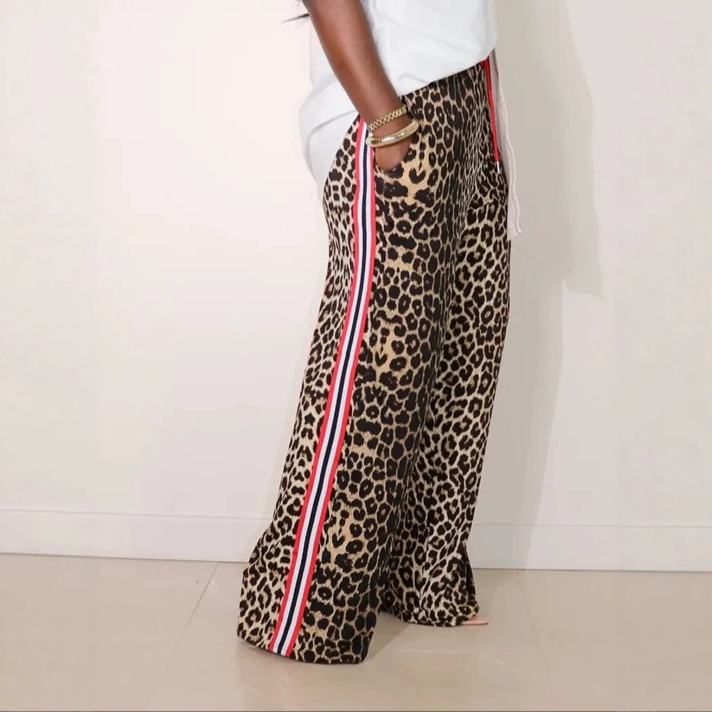 Side Stripe Wide Leg Drawstring Trousers - RLeopard