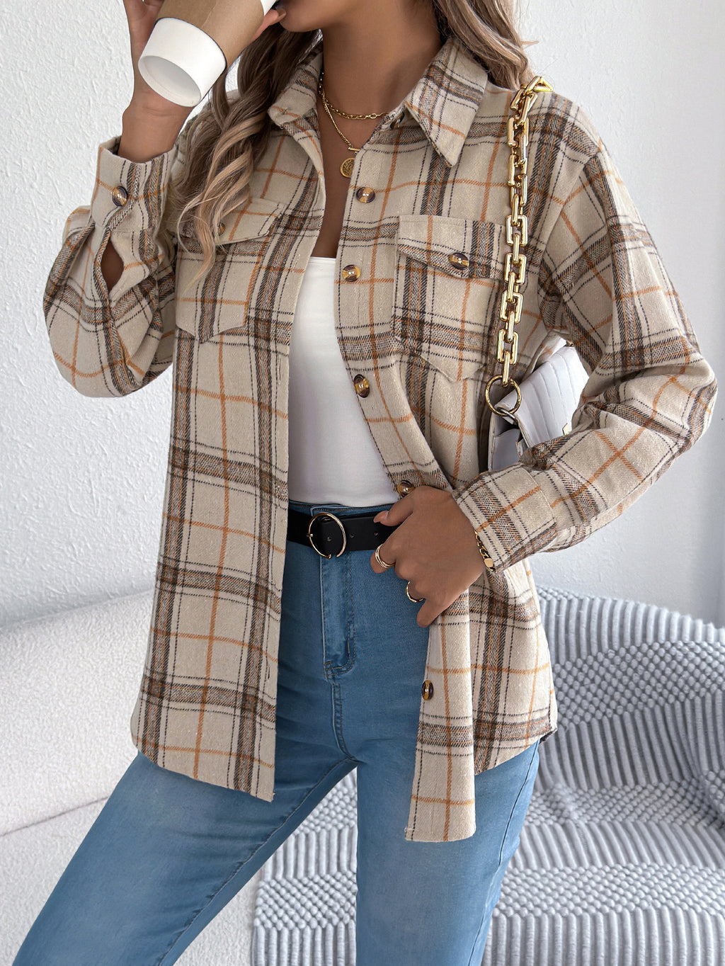 Brushed Plaid Button Down Flannel Shirt - Apricot