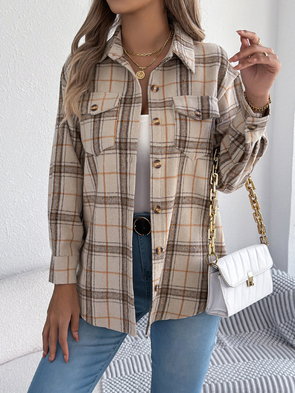 Brushed Plaid Button Down Flannel Shirt - Apricot - 2