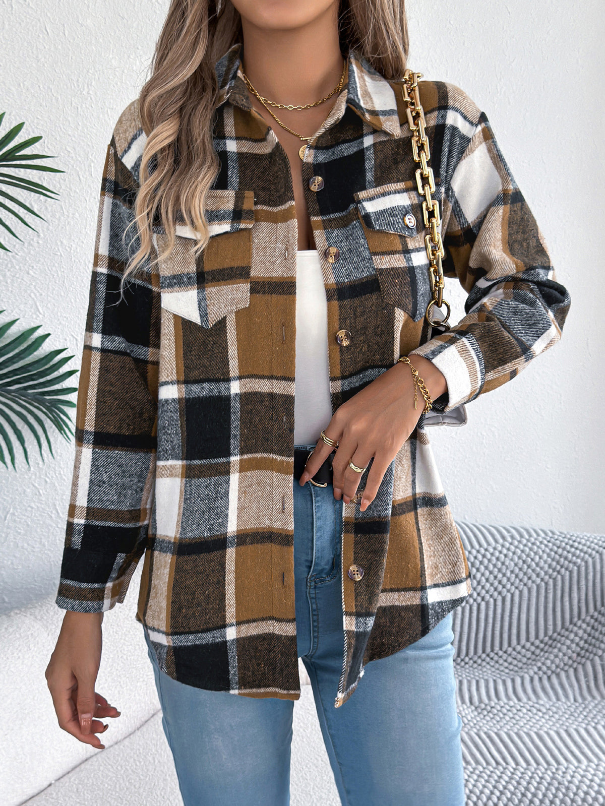 Brushed Plaid Button Down Flannel Shirt - Khaki