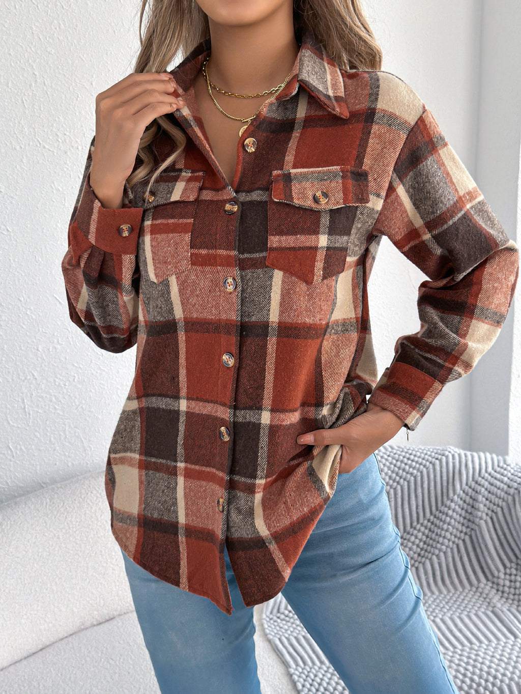 Brushed Plaid Button Down Flannel Shirt - Orange