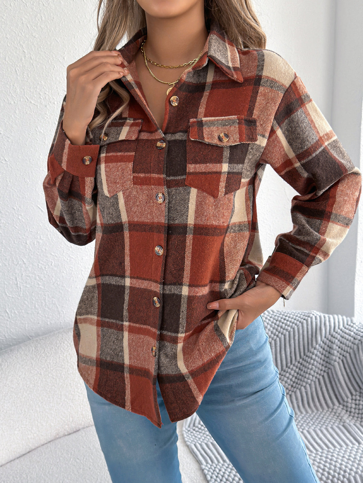 Brushed Plaid Button Down Flannel Shirt - Orange