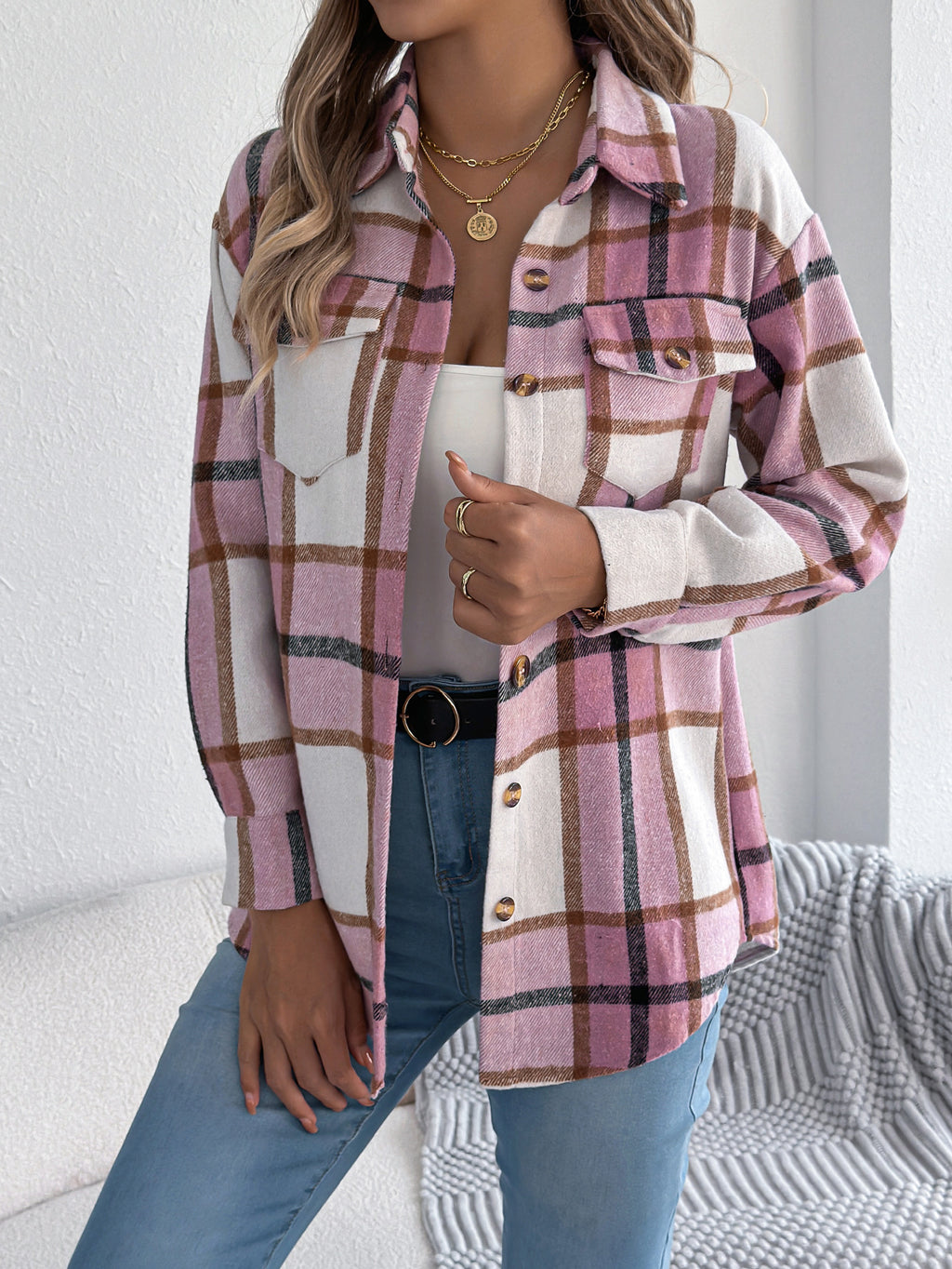 Brushed Plaid Button Down Flannel Shirt - Pink