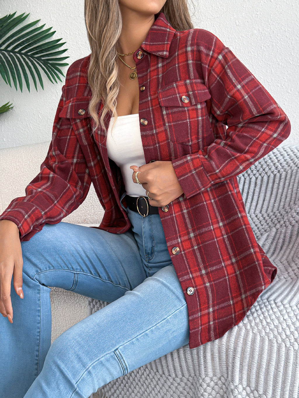 Brushed Plaid Button Down Flannel Shirt - Red
