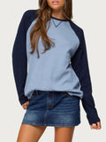 Two Tone Waffle Knit Long Sleeve Blouse - Blue