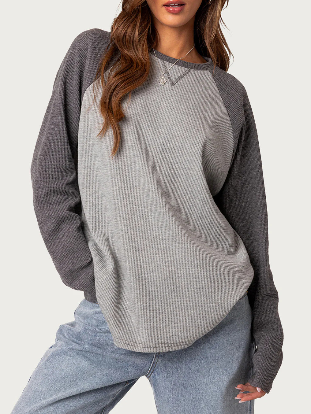 Two Tone Waffle Knit Long Sleeve Blouse - Grey