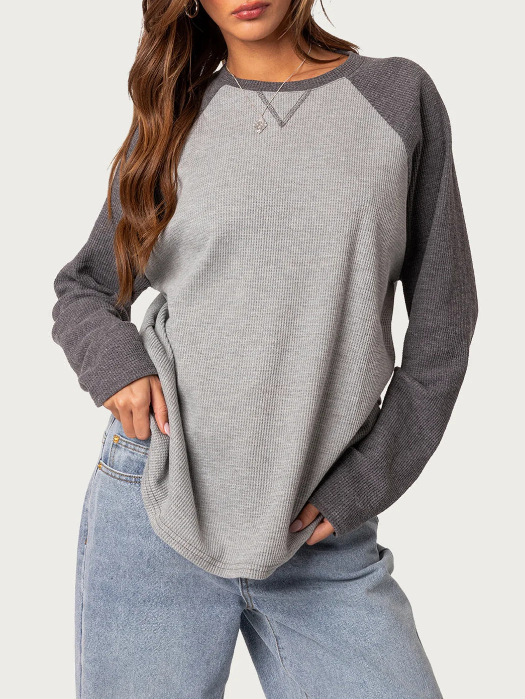 Two Tone Waffle Knit Long Sleeve Blouse - Grey - 1