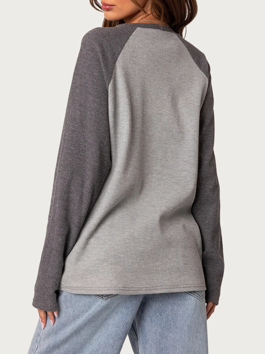 Two Tone Waffle Knit Long Sleeve Blouse - Grey - 2