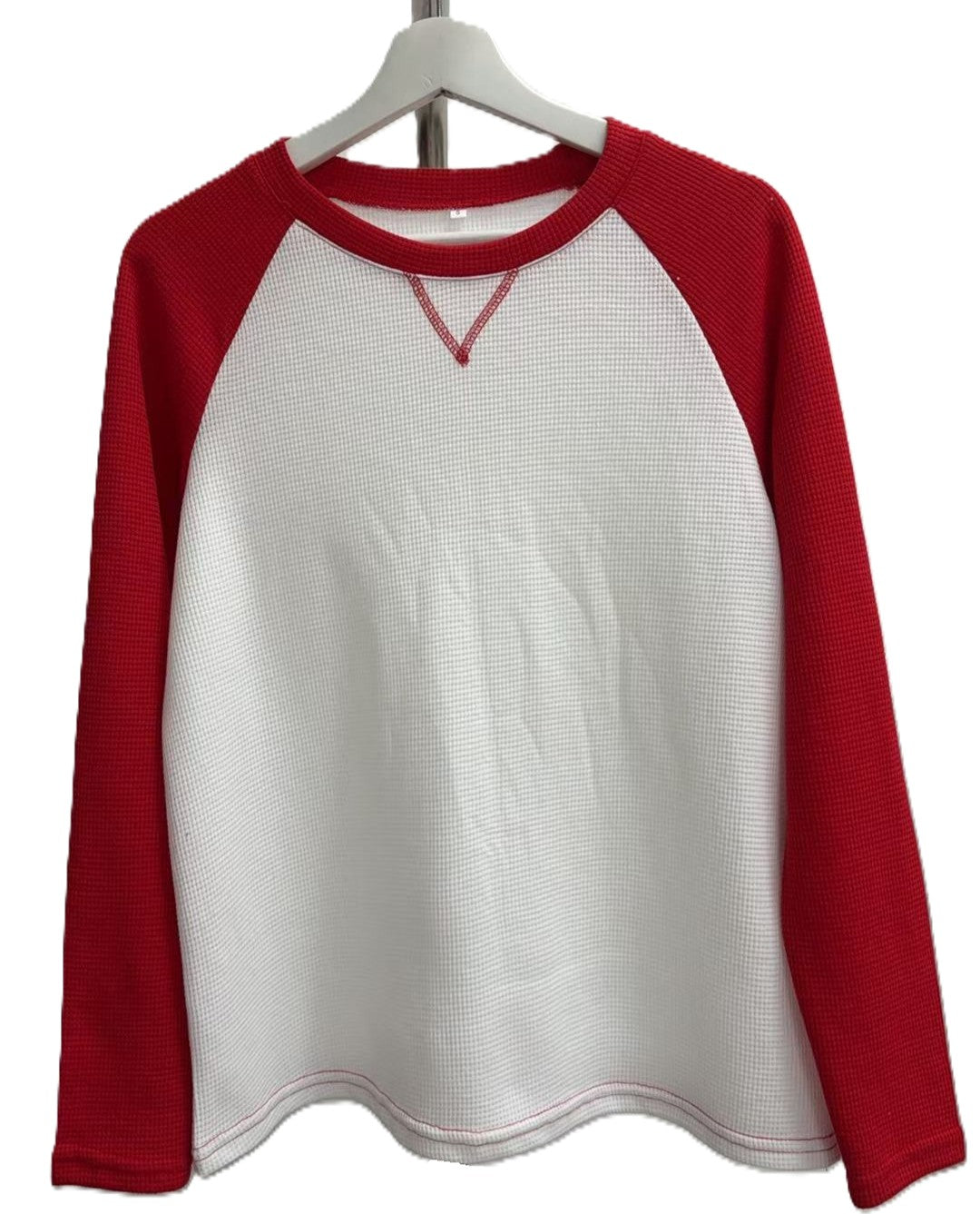 Two Tone Waffle Knit Long Sleeve Blouse - White