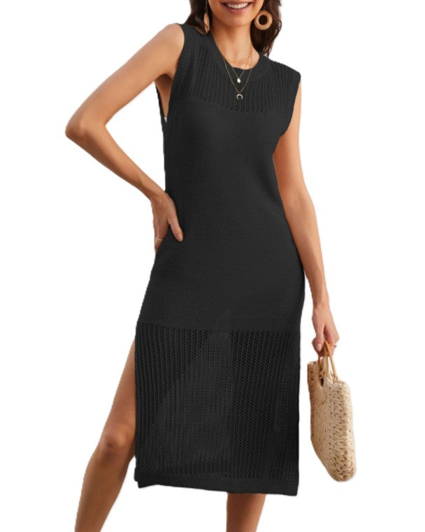 Ribbed Knit Midi Beach Cover Up With Slit - Black