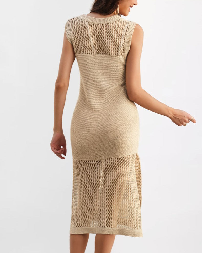 Ribbed Knit Midi Beach Cover Up With Slit - Khaki - 1