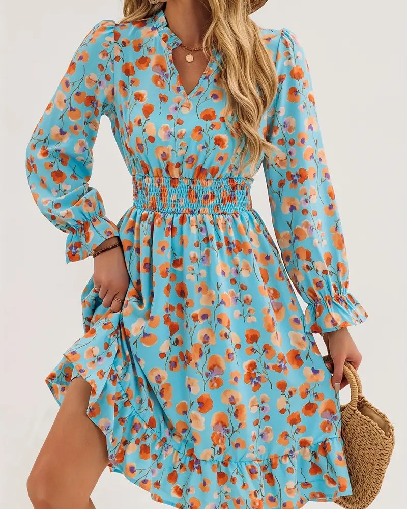 Ruffled Floral Chiffon Dress With Shirred Waist - Peacock