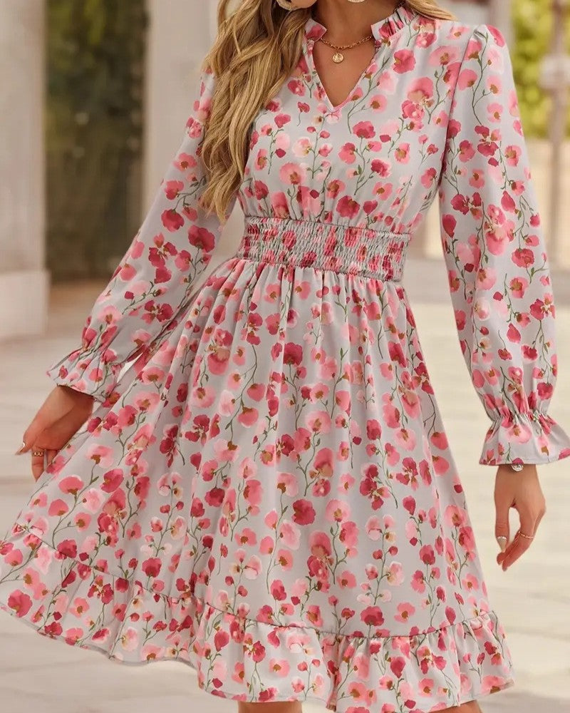 Ruffled Floral Chiffon Dress With Shirred Waist - Pink