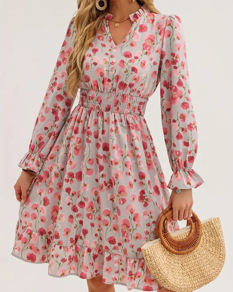 Ruffled Floral Chiffon Dress With Shirred Waist - Pink - 1