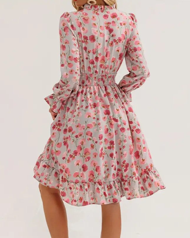 Ruffled Floral Chiffon Dress With Shirred Waist - Pink - 2