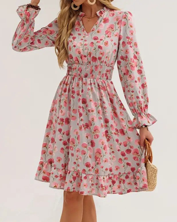 Ruffled Floral Chiffon Dress With Shirred Waist - Pink - 3