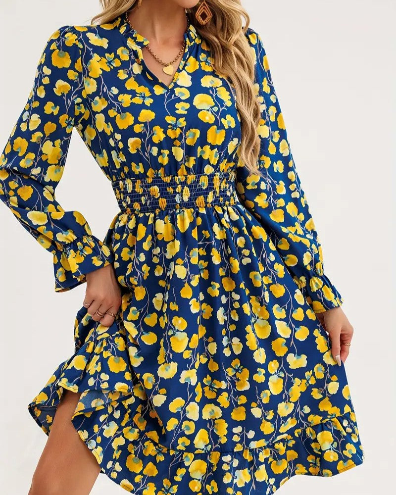 Ruffled Floral Chiffon Dress With Shirred Waist - Yellow