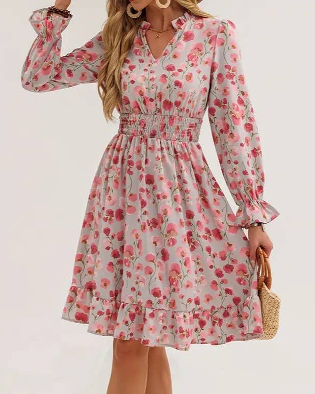 Ruffled Floral Chiffon Dress With Shirred Waist