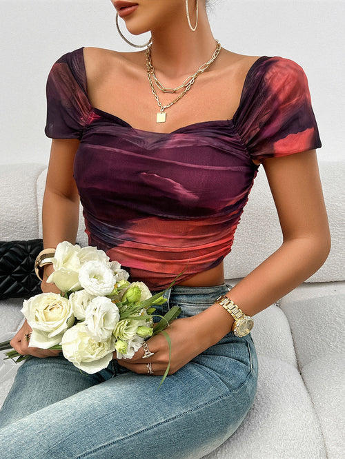 Abstract Print Sweetheart Crop Top - Purple - 1