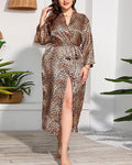 Printed Long Satin Wrap Robe With Belt - Coffee