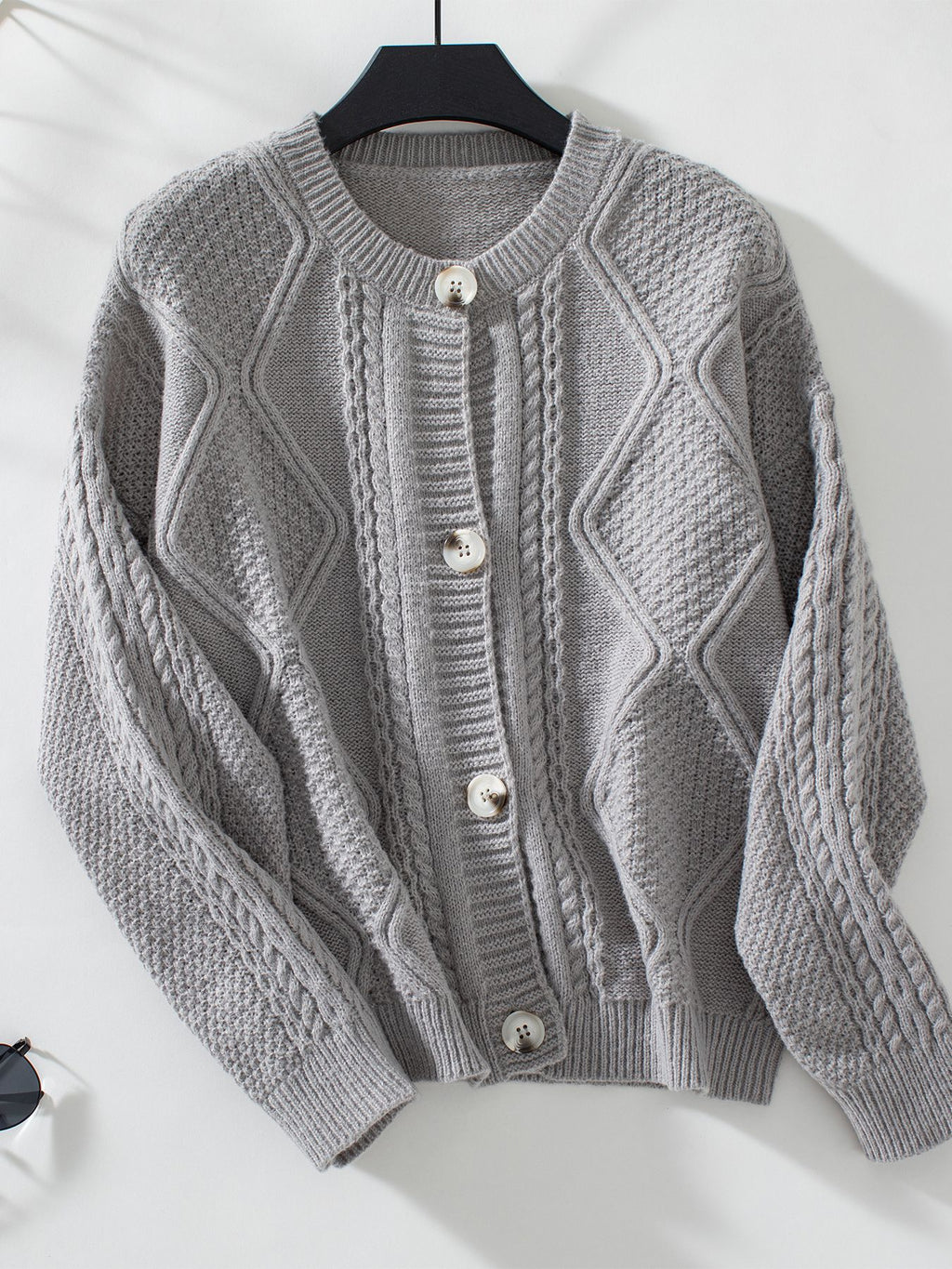 Cable Knit Button Front Cropped Cardigan - Grey - 1