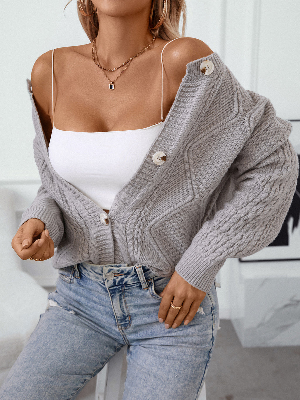 Cable Knit Button Front Cropped Cardigan - Grey - 4