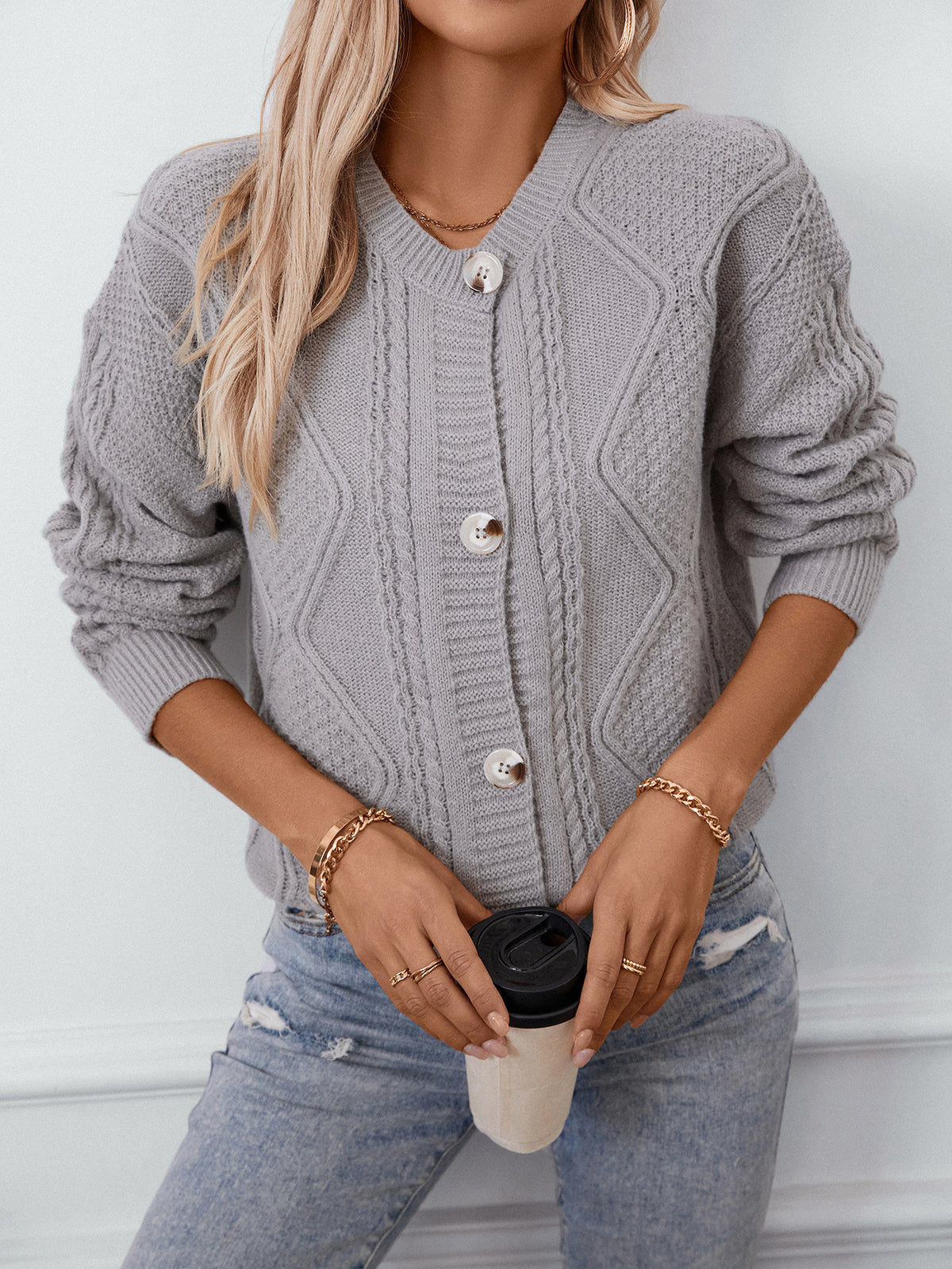 Cable Knit Button Front Cropped Cardigan - Grey - 5