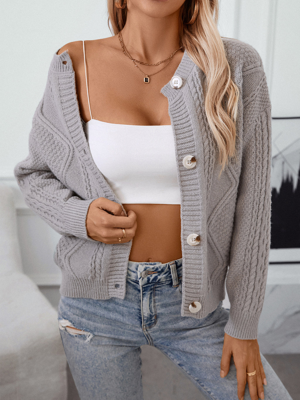 Cable Knit Button Front Cropped Cardigan - Grey - 6