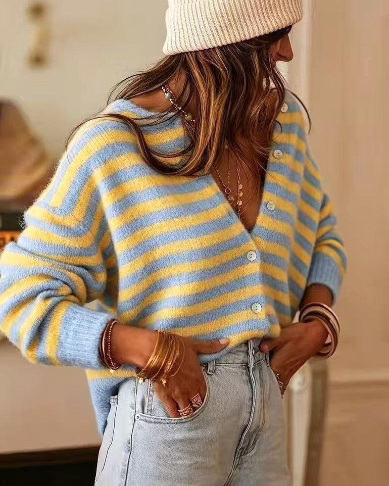 Candy Stripe V Neck Button Cardigan - Blue