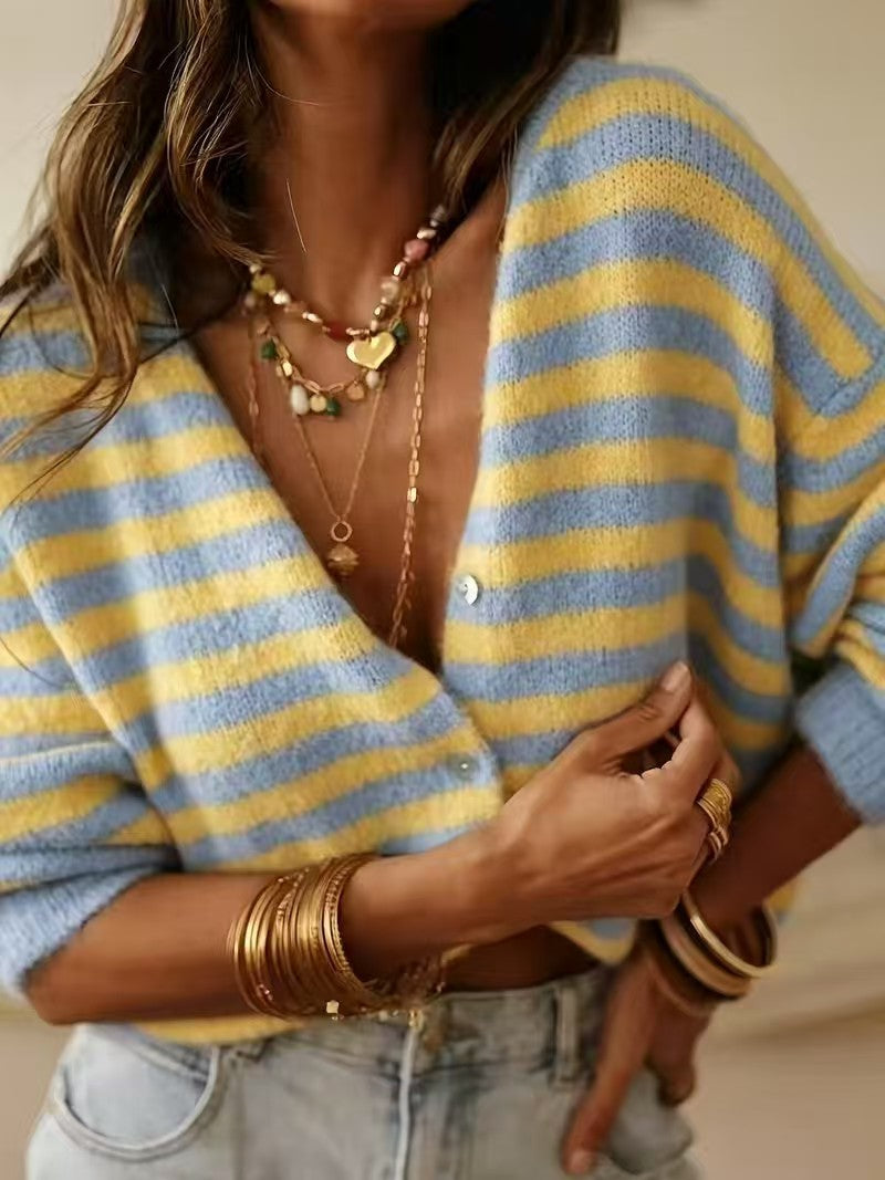 Candy Stripe V Neck Button Cardigan - Blue - 2