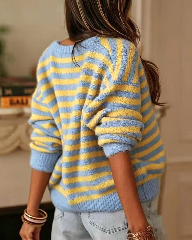 Candy Stripe V Neck Button Cardigan - Blue - 3