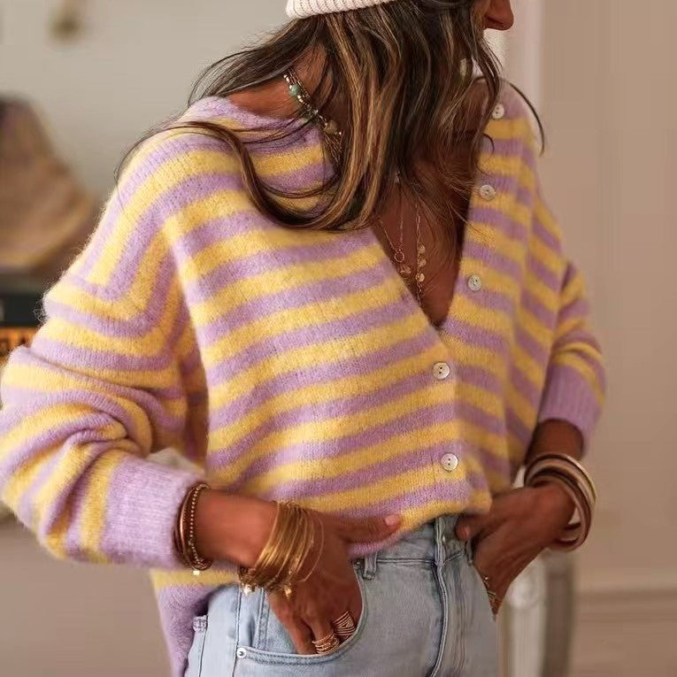 Candy Stripe V Neck Button Cardigan - Purple