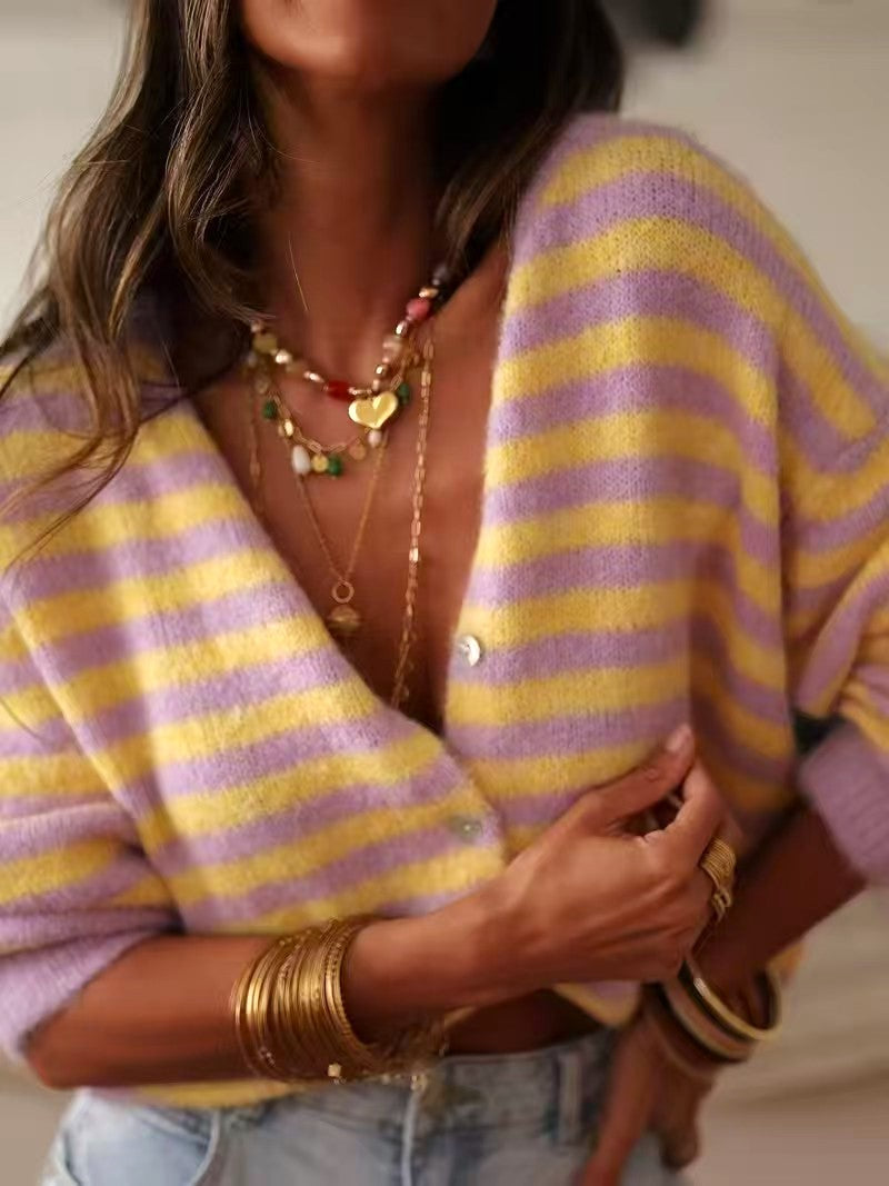 Candy Stripe V Neck Button Cardigan - Purple - 1