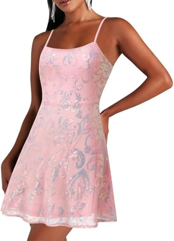 Sequin Lace-Up Back Skater Mini Dress - Pink - 1