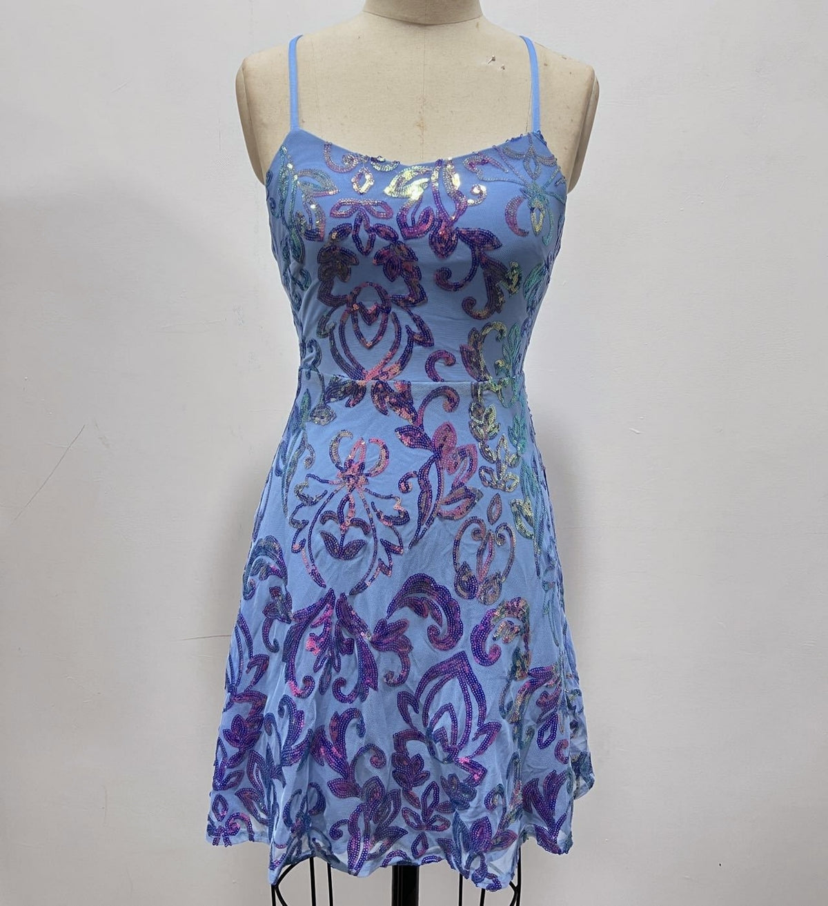 Sequin Lace-Up Back Skater Mini Dress - SkyBlue