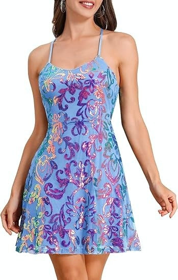 Sequin Lace-Up Back Skater Mini Dress - SkyBlue - 1