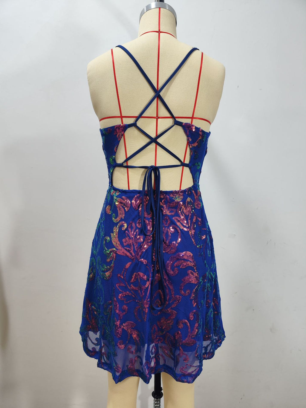 Sequin Lace-Up Back Skater Mini Dress - blue - 2