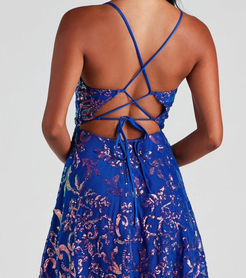 Sequin Lace-Up Back Skater Mini Dress - blue - 4