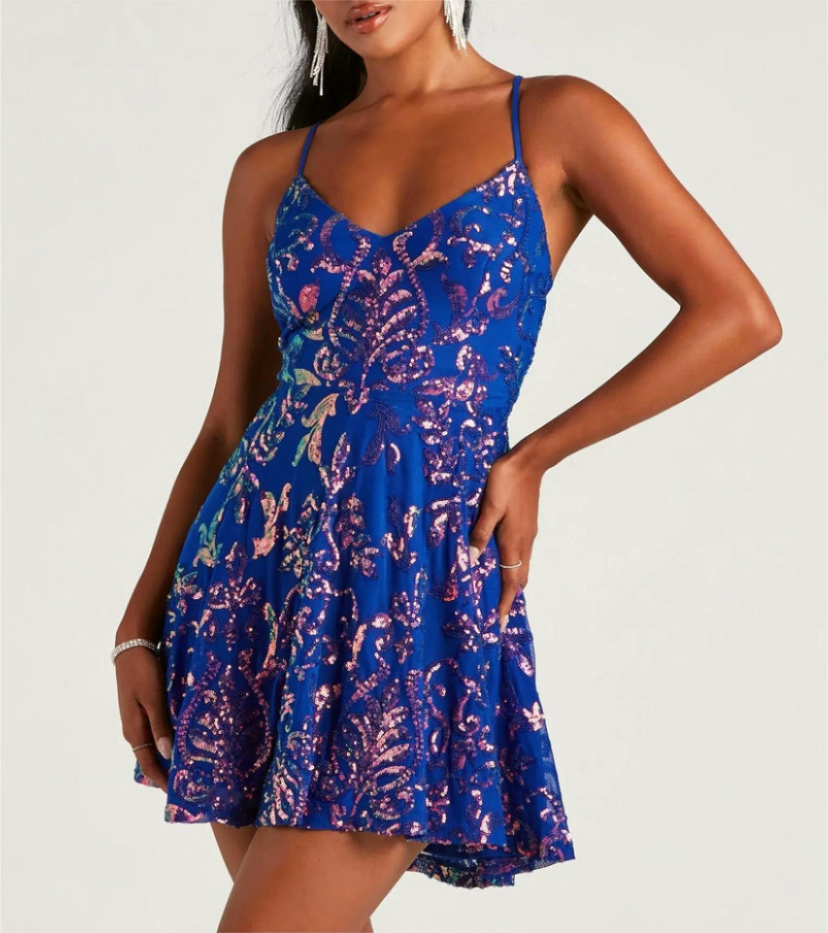 Sequin Lace-Up Back Skater Mini Dress