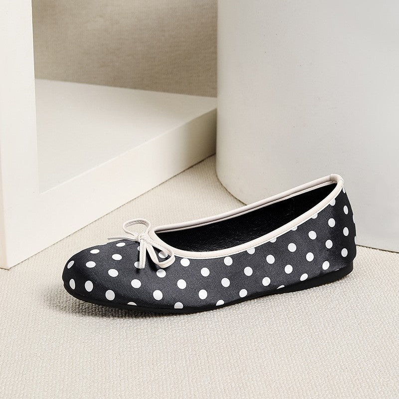 Polka Dot Satin Bow Ballet Flats - Black
