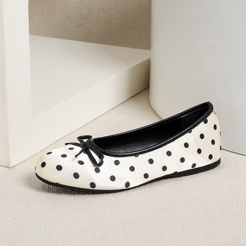 Polka Dot Satin Bow Ballet Flats - Cream