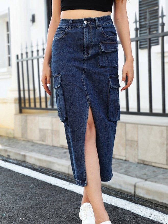 Double Cargo Pocket Denim Column Skirt - Blue