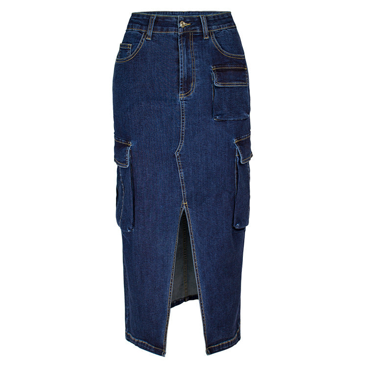 Double Cargo Pocket Denim Column Skirt - Blue - 1