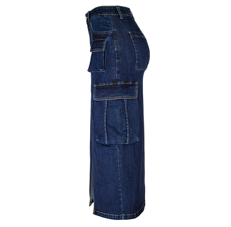 Double Cargo Pocket Denim Column Skirt - Blue - 2