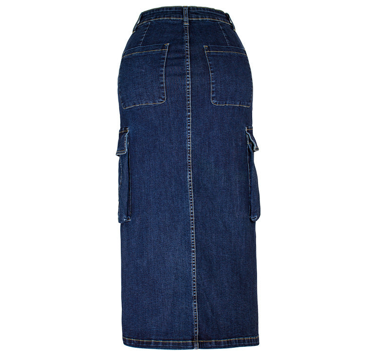 Double Cargo Pocket Denim Column Skirt - Blue - 3