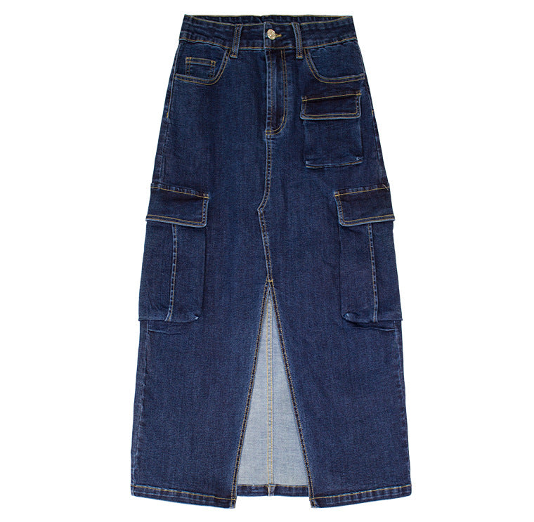 Double Cargo Pocket Denim Column Skirt - Blue - 4