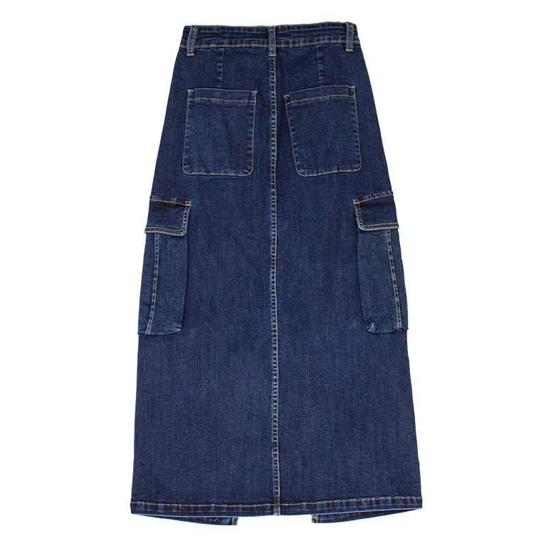 Double Cargo Pocket Denim Column Skirt - Blue - 5